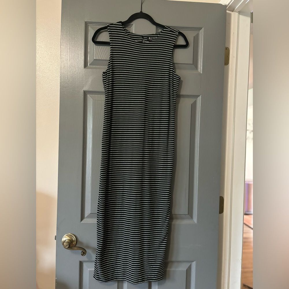 Black and White Stripe Lenzing Modal Twist Back Midi Dress Sz S